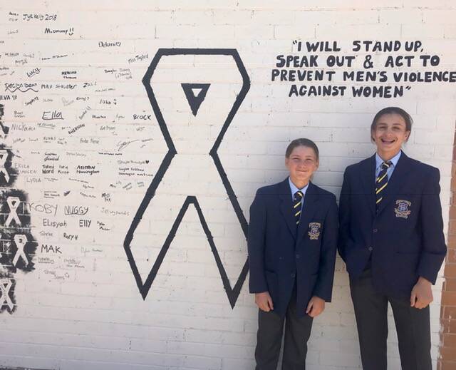 STAND UP: Kurri Kurri High School students Lachlan Redshaw and Zane Stone show off the school's new White Ribbon mural.