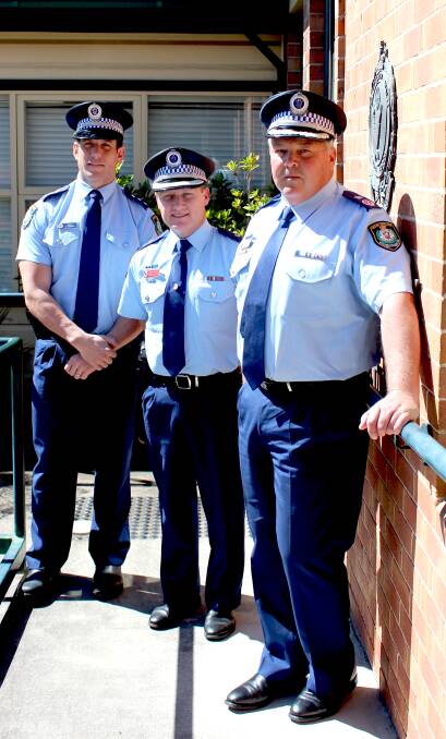 REVIEW: Detective Acting Inspector Steve Benson, Acting Superintendent Chad Gillies and Deputy Commissioner Gary Worboys at Cessnock Police Station. Photo: Stephen Bisset