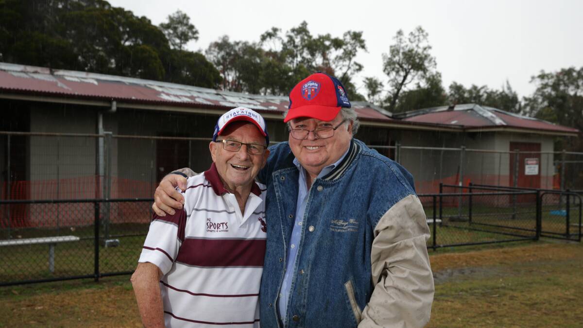 HELPING HAND: Abermain-Weston Hawks President Ray Foster with former Newcastle Knights Chairman Brian McGuigan. Picture: Simone De Peak