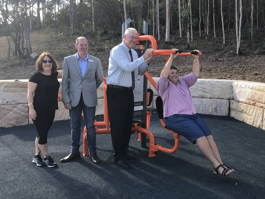 LET'S GET PHYSICAL: Cessnock councillors Di Fitzgibbon, Mark Lyons, Bob Pynsent and Anne Sander tried out the new fitness stations on Wednesday. picture: Stephen Bisset.