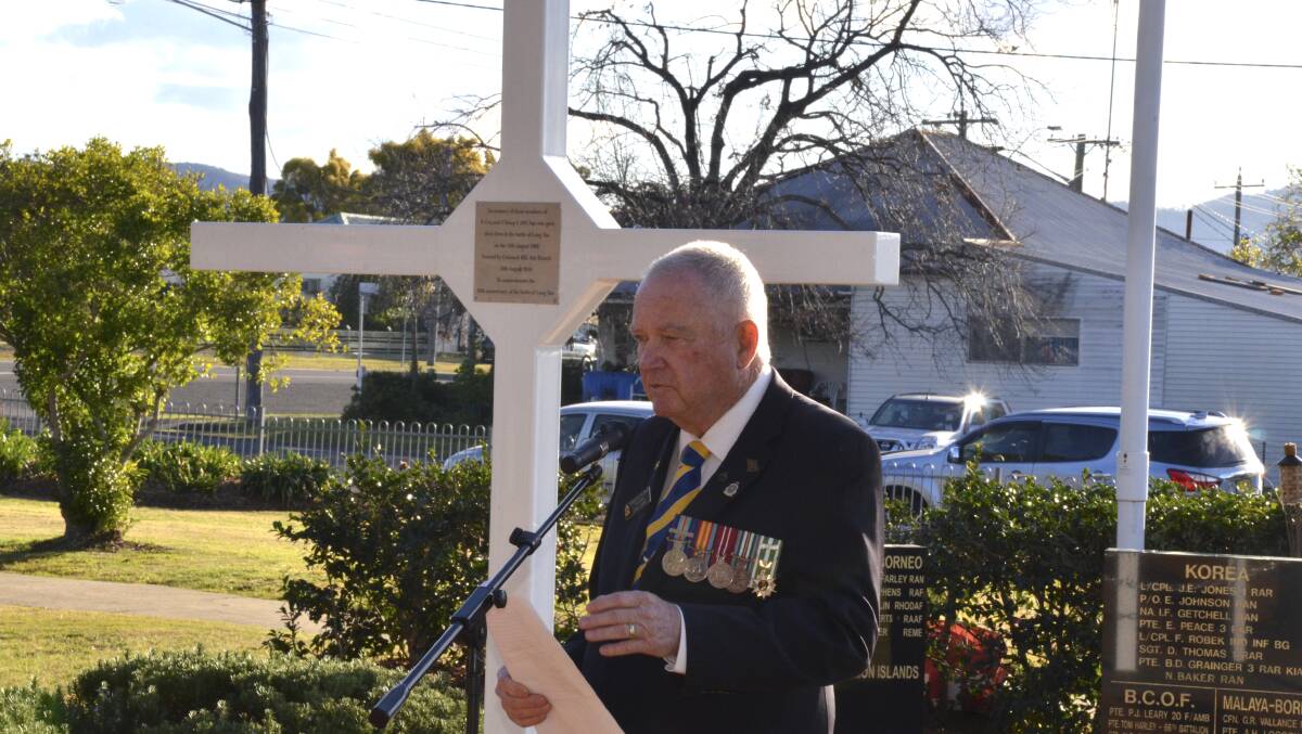 SOLEMN: Cessnock RSL Sub-branch president Max Lewis addresses the 2017 Vietnam Veterans' Day ceremony at Aberdare 