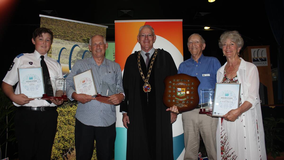 PROUD: Young Citizen of the Year Cooper Field, Citizen of the Year Geoff Walker, Mayor Bob Pynsent and Senior Citizens of the Year John and Robbie Forsyth. Picture: Stephen Bisset