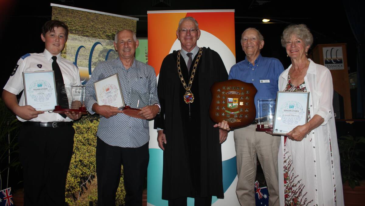 PROUD: Cessnock's 2019 young citizen of the year Cooper Field, citizen of the year Geoff Walker, mayor Bob Pynsent and senior citizens of the year John and Robbie Forsyth. Picture: Stephen Bisset