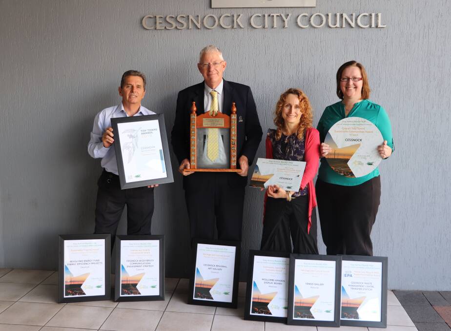 BIG WIN: Council’s Environment and Waste Services Manager Michael Alexander, Cessnock City Mayor Councillor Bob Pynsent, Sustainability Officer Karinda Stone, Waste Services Special Project Officer Michelle Lindsay.