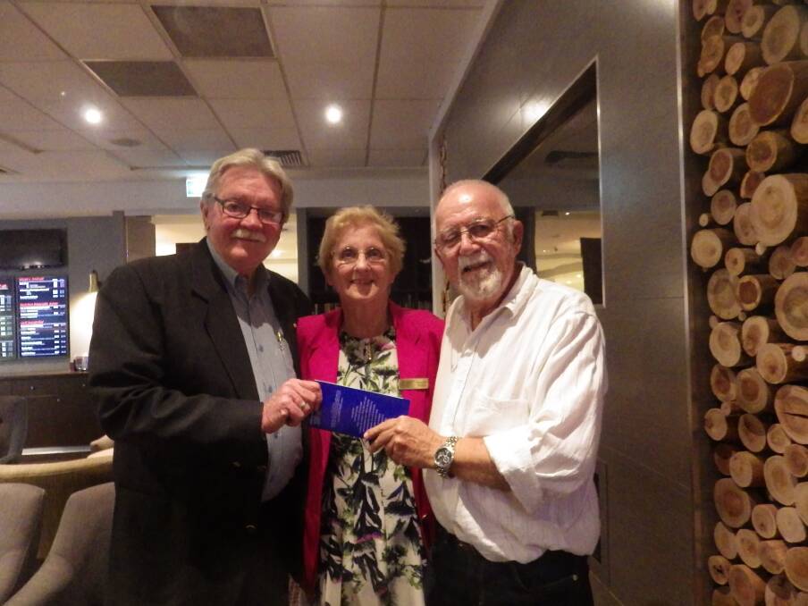 GOOD CAUSE: Cessnock City Donor Group treasurer, Bruce Wilson (l) and president, Bill Hoye (r) with Jennifer Philps after the presentation.