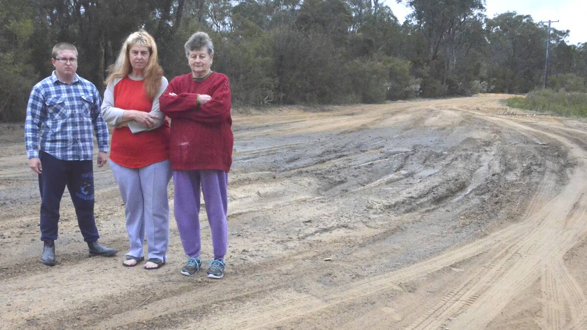 DANGEROUS: Racecourse Road residents Andrew Stuckings, Cheryl Stuckings and Joy Bellamy on the road that has been torn up by hoon drivers.