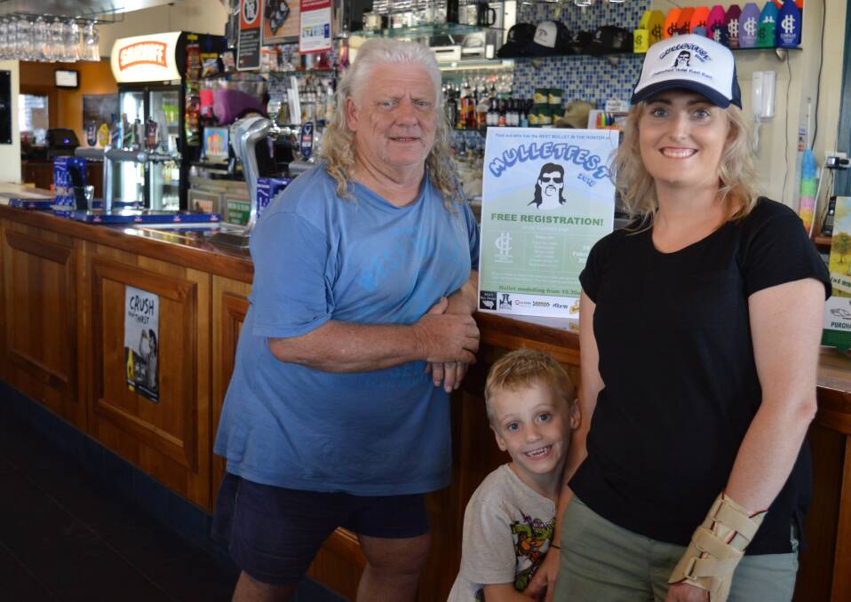 Kurri's finest: Mulleted man Kevin Johnson with his daughter-in-law Laura - who owns the Chelmsford Hotel - and her son Max.
