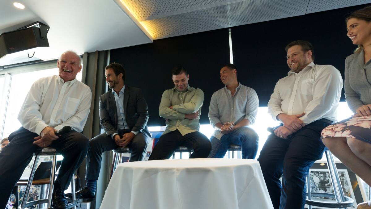 Ray Baartz, Andrew Johns, Jamie Pittman, Timana Tahu, Ben Darwin and Libby Hopwood at the fundraiser for Newcastle's concussion clinic. Picture: Max Mason-Hubers