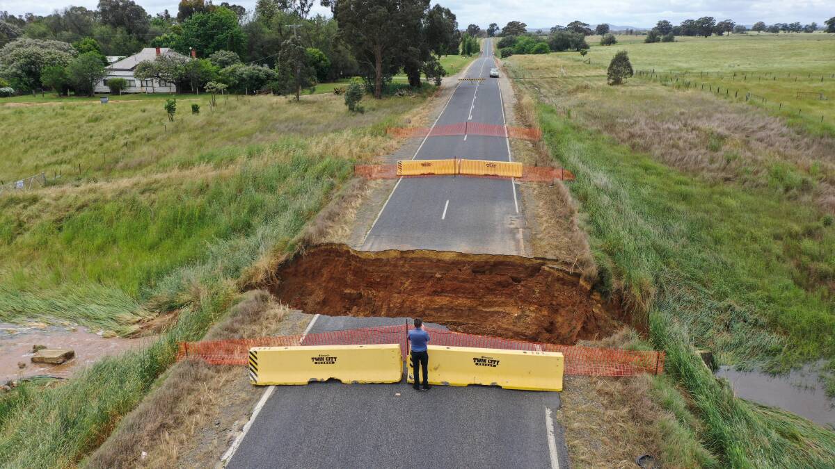 Gooramadda Road, near Rutherglen in north-eastern Victoria closed after a section of the road collapsed. Picture by Mark Jesser