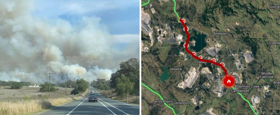 The fire has jumped the New England Highway. Pictures supplied and Live Traffic NSW.