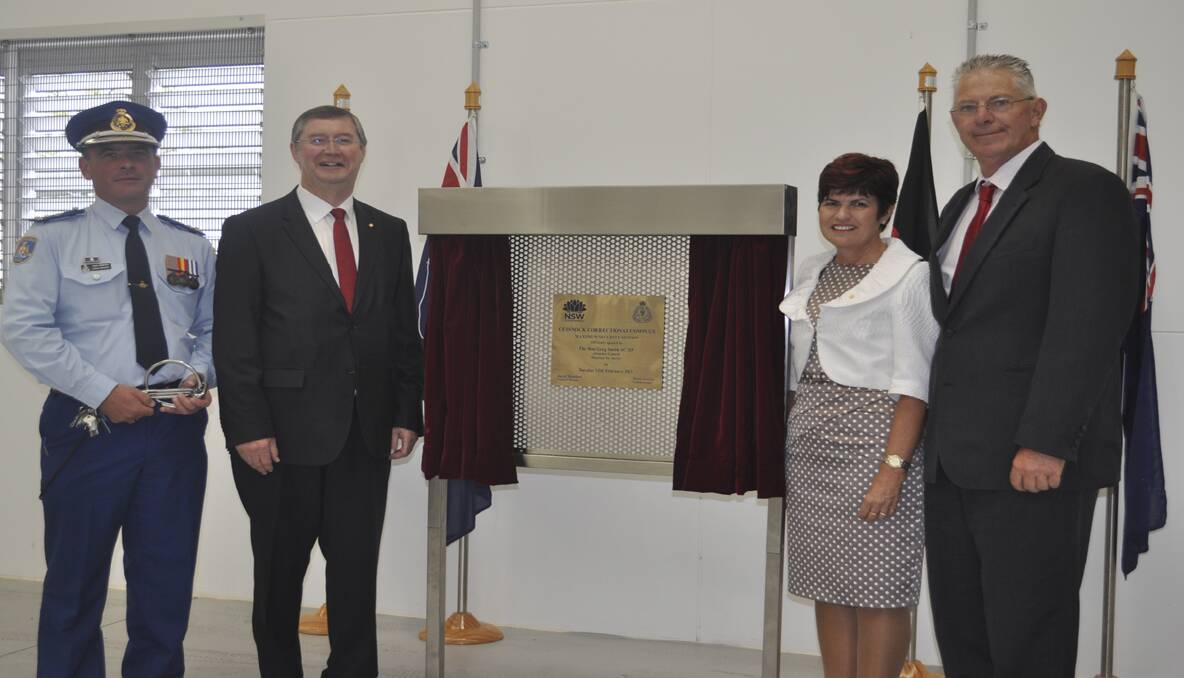 Jail Director General David Mumford, The Hon. Greg Smith, Member for Maitland Robyn Parker and Mayor of Cessnock Bob Pynsent unveiling the prison plaque. 