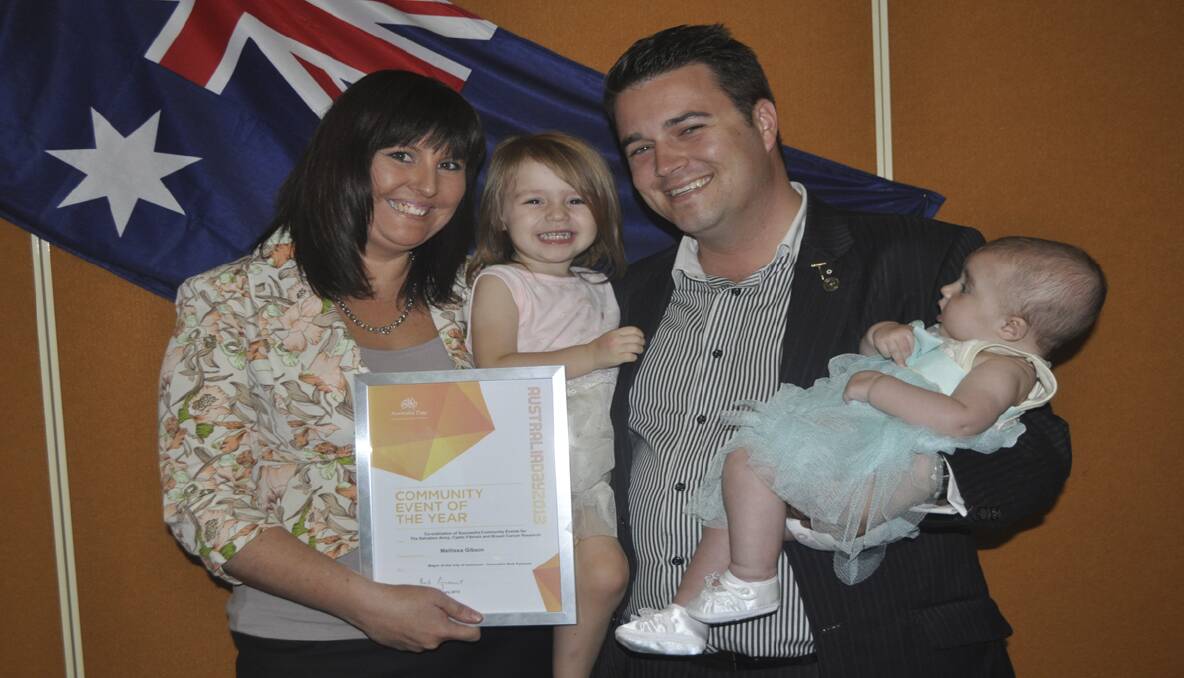 Mellissa Gibson of LJ Hooker Cessnock and Kurri (pictured with husband Bryce and daughters Matilda and Bronte) received the Community Event of the Year award for coordinating fundraisers for the Salvation Army, cystic fibrosis and breast cancer research.
