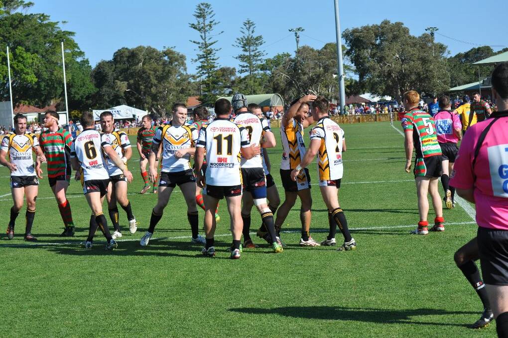 First-half action from the Newcastle Rugby League grand final. The Goannas celebrate Pyne's try.