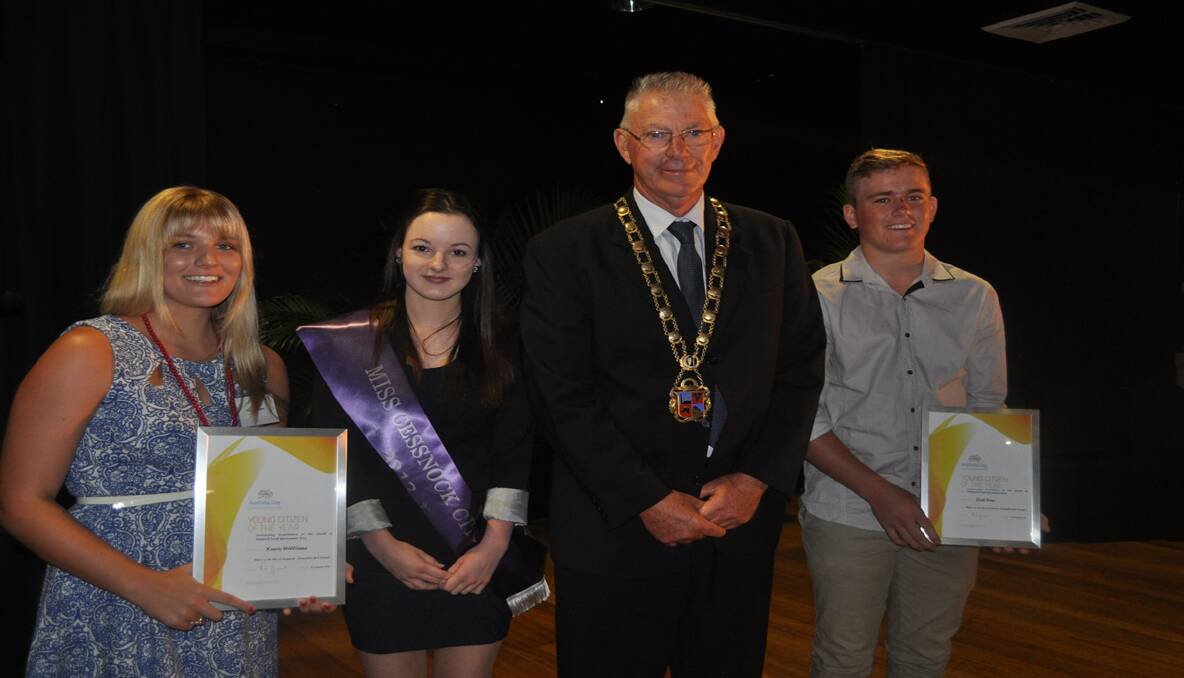 JOINT WINNERS: Cessnock’s Young Citizens of the Year Kasey Williams (far left) and Joel Troy (far right) with Miss Cessnock City Allyra Robson and Cessnock mayor Bob Pynsent.