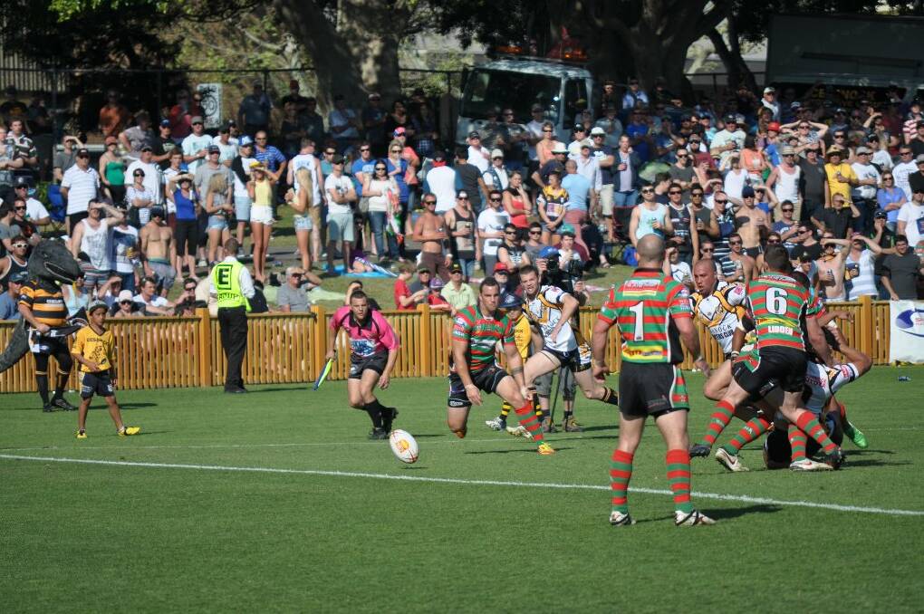 First-half action from the Newcastle Rugby League grand final. Cessnock winger Beau Ryan on the way to scoring the Goannas' first try.