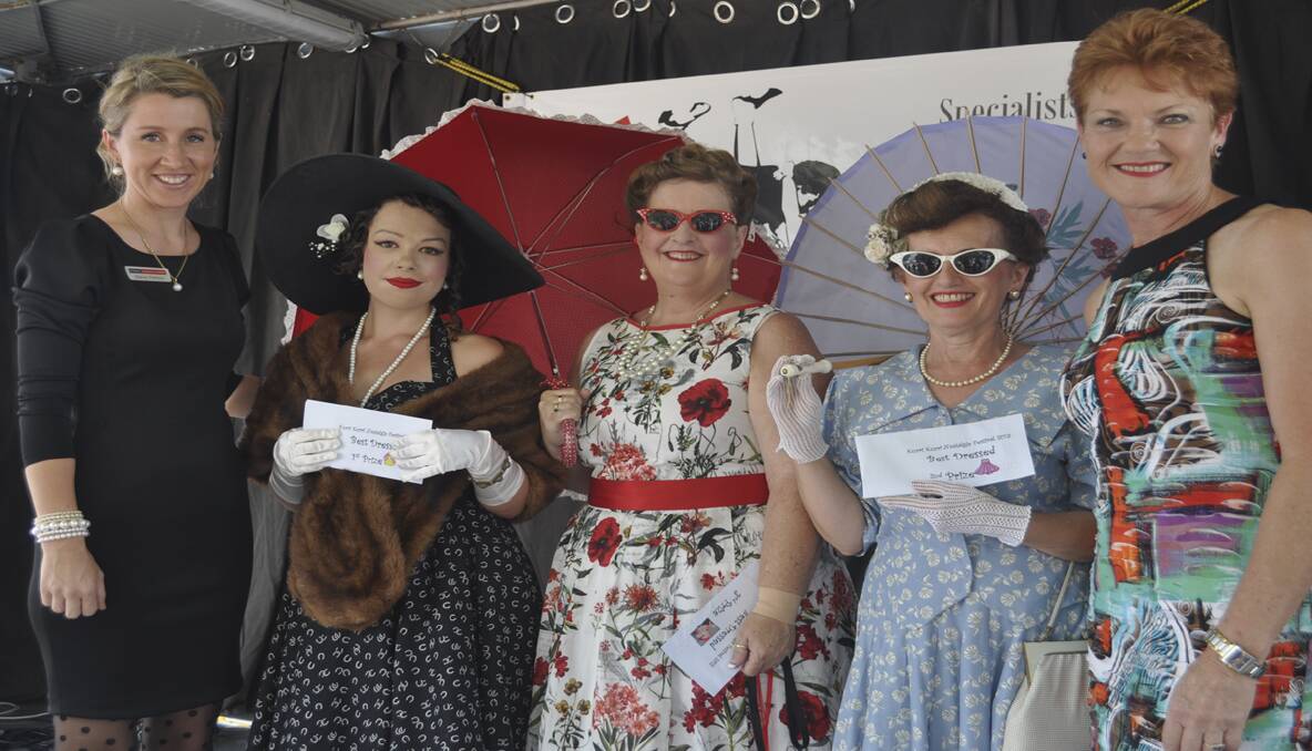 Judges for the Best Dressed competition, Stacey Pethers (left) and Pauline Hanson (right) with 1st place Sarah Battle (Penrith), 2nd place Maria Lendvai (Sydney) and 3rd place Lynda Vincent (Bolwarra). 