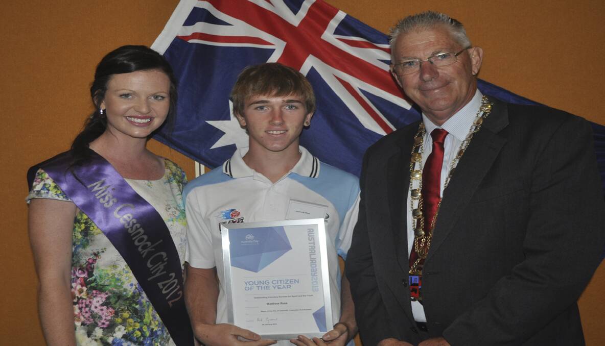ACHIEVEMENT: Miss Cessnock City Taylah-Jane Turner, Young Citizen of the Year Matthew Rees and Mayor of Cessnock, Cr. Bob Pynsent at Cessnock’s Australia Day celebrations.