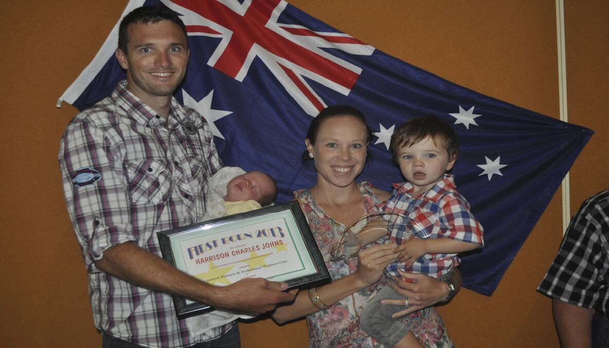 Daniel Johns with Cessnock's first born baby of 2013, Harrison Johns and wife Alicia and son Ambrose. 