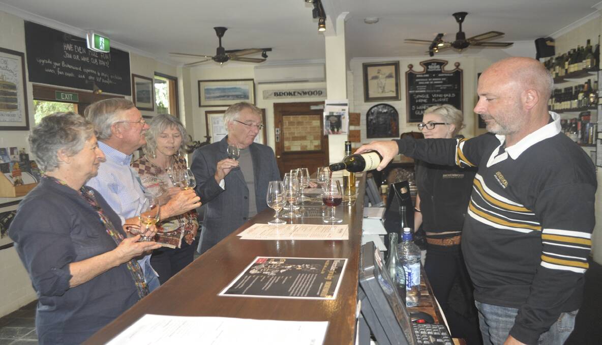 TOURISM: Lorrelle and Ern Parsons from Valentine with New Zealand friends Lynn and Jim McRae from Queenstown tasting some wines with Brokenwood’s Jess Nugent and Geoff Krieger. 