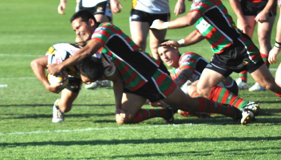 Second-half action from the Newcastle Rugby League grand final. Goannas hooker Terence Seu Seu gets close to the line.