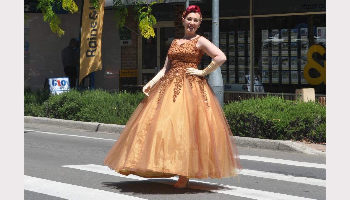 TURNING HEADS: Beccie Leathley crossing Vincent Street last Thursday in her vintage ball gown, which she wore as part of her Frocktober fundraising campaign. 