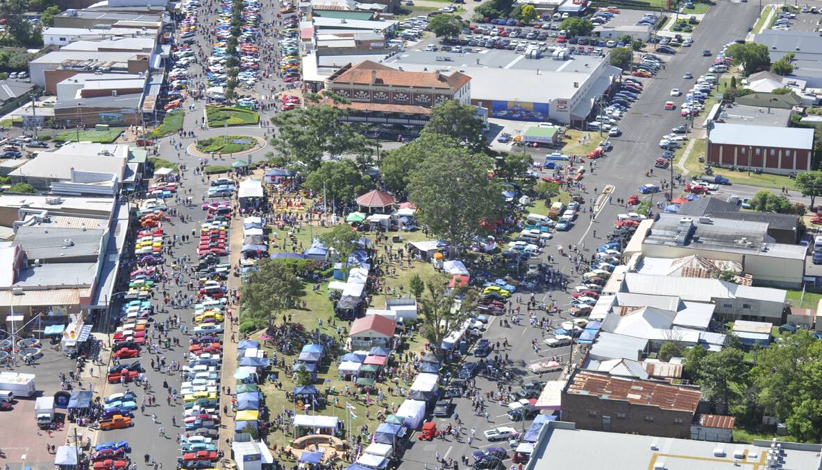 A view from the sky of the large crowd at Kurri Nostalgia Festival on Sunday. 